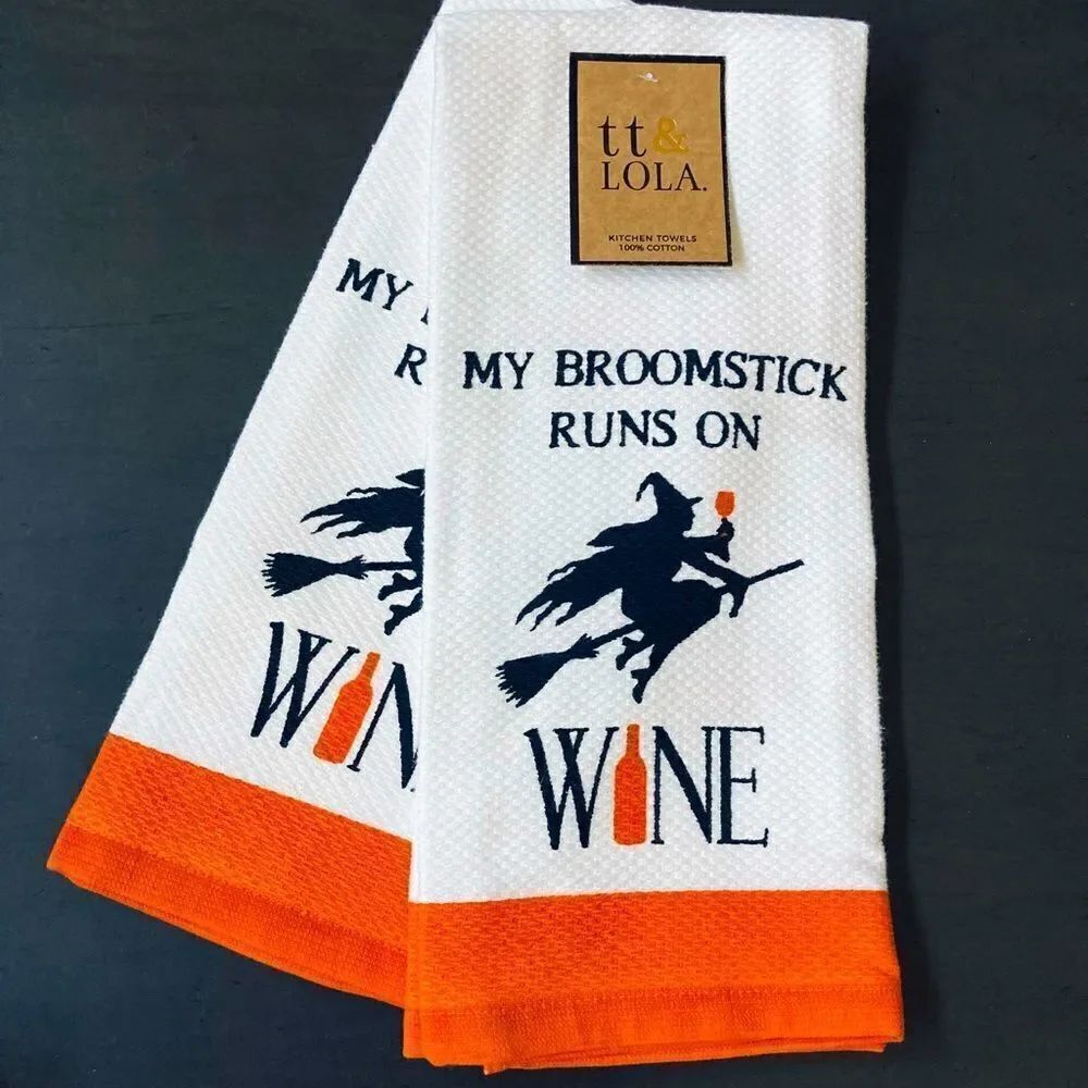Halloween Witch Broom Runs on Wine Fall Kitchen Dish Towels